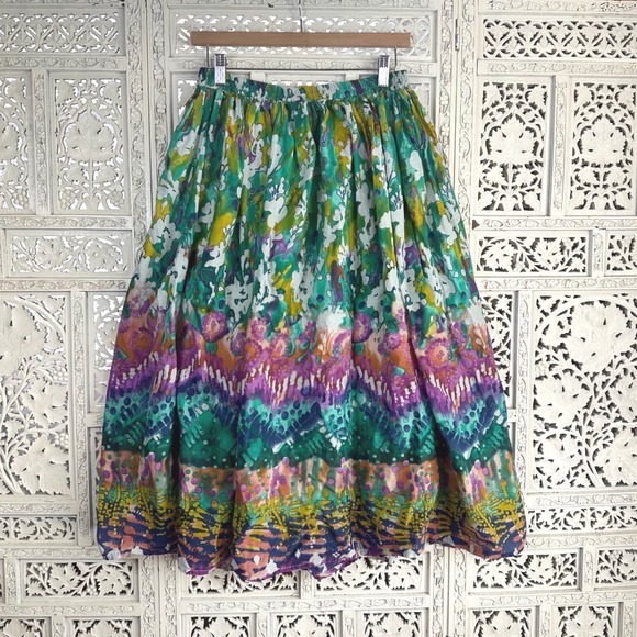 Dresses & Skirts - Vtg Colorful Artsy Rainbow Watercolor Flowy‎ Lined Midi Skirt Sz Medium